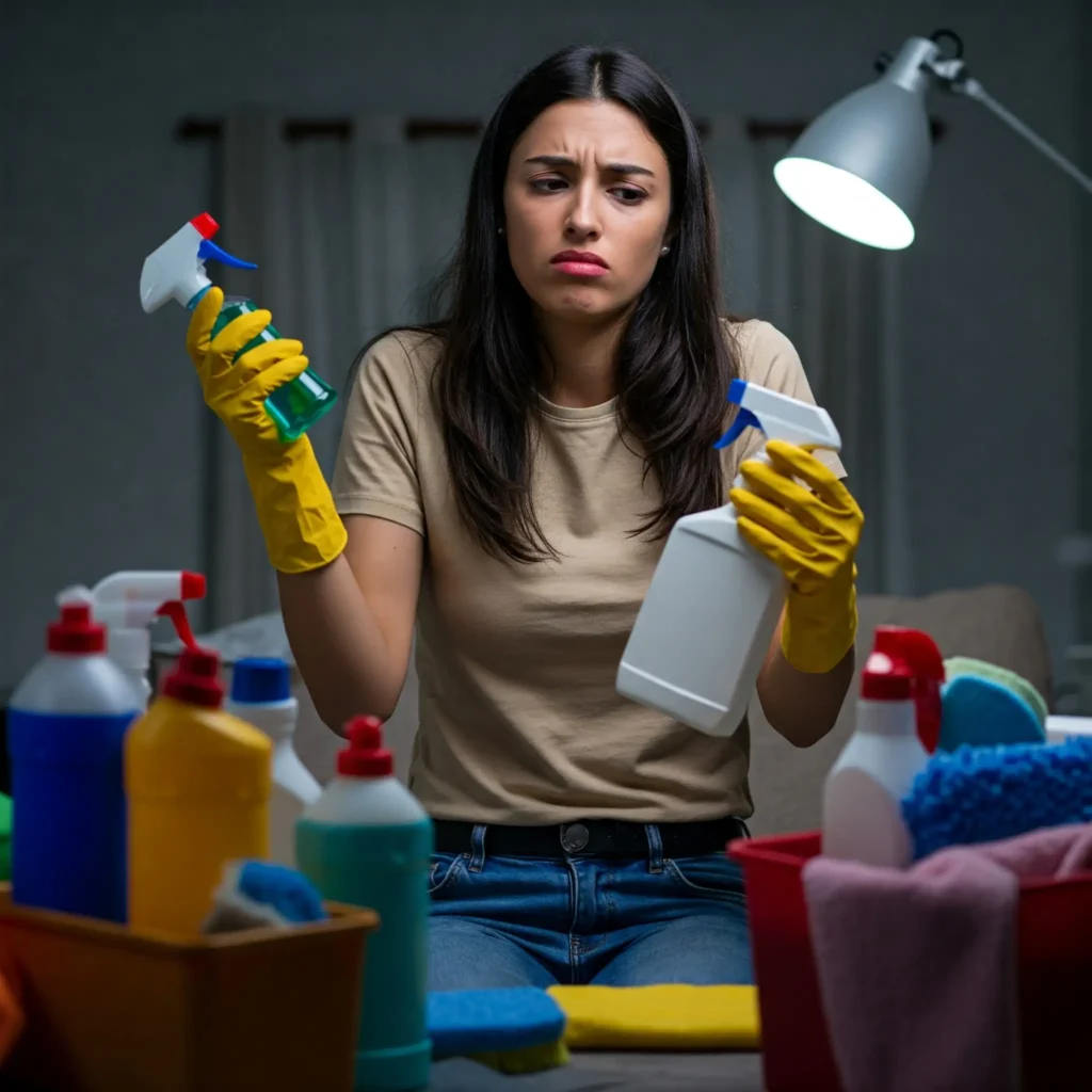 Mujer limpiando Mujer confundida con productos de limpieza